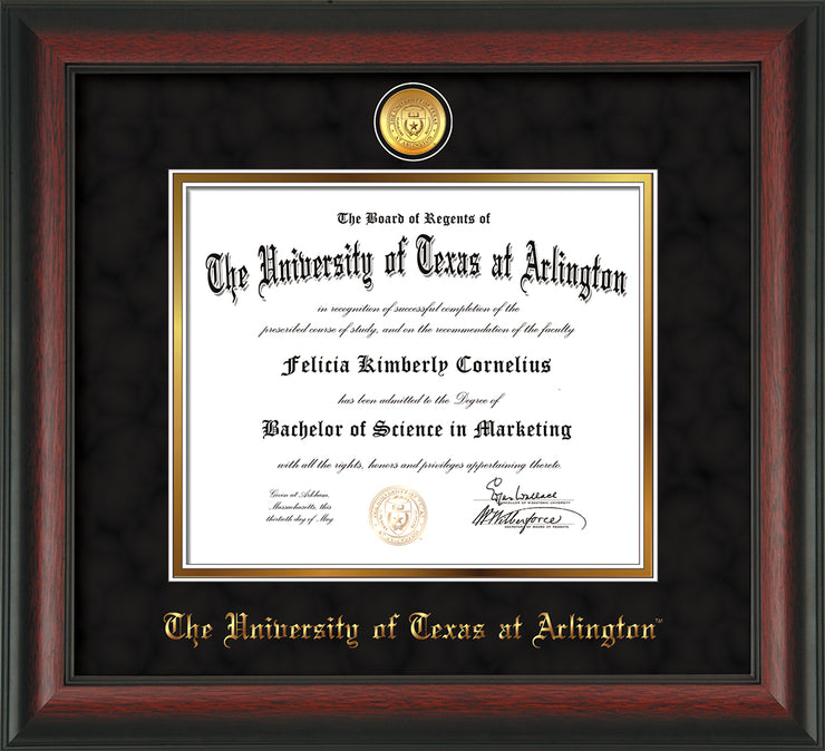 Image of University of Texas - Arlington Diploma Frame - Rosewood - w/24k Gold-Plated Medallion UTA Name Embossing - Black Suede on Gold mats