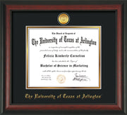Image of University of Texas - Arlington Diploma Frame - Rosewood - w/24k Gold-Plated Medallion UTA Name Embossing - Black on Gold mats