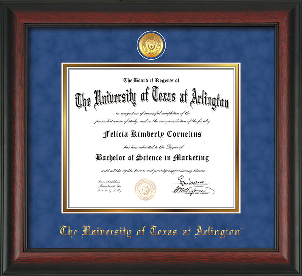 Image of University of Texas - Arlington Diploma Frame - Rosewood - w/24k Gold-Plated Medallion UTA Name Embossing - Royal Blue Suede on Gold mats