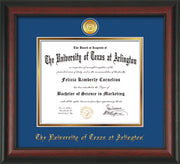 Image of University of Texas - Arlington Diploma Frame - Rosewood - w/24k Gold-Plated Medallion UTA Name Embossing - Royal Blue on Gold mats