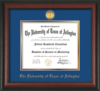 Image of University of Texas - Arlington Diploma Frame - Rosewood - w/24k Gold-Plated Medallion UTA Name Embossing - Royal Blue on Gold mats