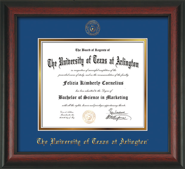 Image of University of Texas - Arlington Diploma Frame - Rosewood - w/Embossed Seal & Name - Royal Blue on Gold mat