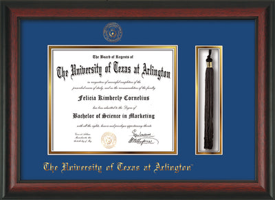 Image of University of Texas - Arlington Diploma Frame - Rosewood - w/Embossed Seal & Name - Tassel Holder - Royal Blue on Gold mat