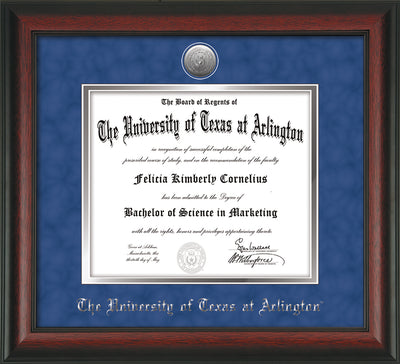Image of University of Texas - Arlington Diploma Frame - Rosewood - w/Silver-Plated Medallion UTA Name Embossing - Royal Blue Suede on Silver mats