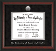 Image of University of Texas - Arlington Diploma Frame - Rosewood - w/Silver-Plated Medallion UTA Name Embossing - Black Suede on Silver mats