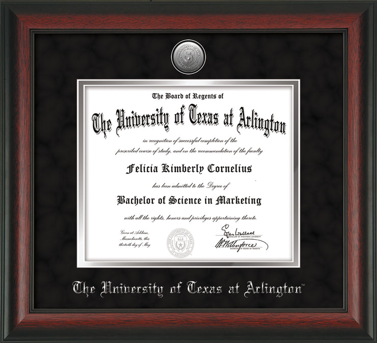 Image of University of Texas - Arlington Diploma Frame - Rosewood - w/Silver-Plated Medallion UTA Name Embossing - Black Suede on Silver mats