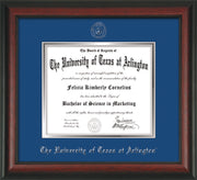 Image of University of Texas - Arlington Diploma Frame - Rosewood - w/Silver Embossed Seal & Name - Royal Blue on Silver mat