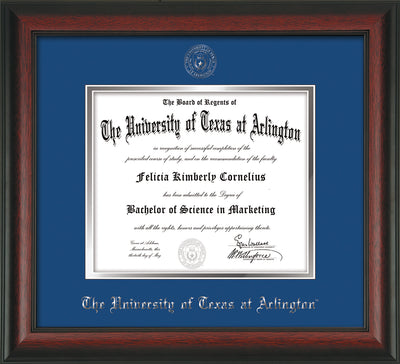 Image of University of Texas - Arlington Diploma Frame - Rosewood - w/Silver Embossed Seal & Name - Royal Blue on Silver mat