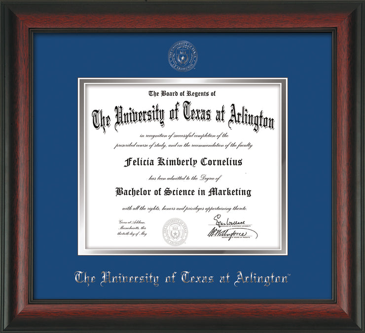 Image of University of Texas - Arlington Diploma Frame - Rosewood - w/Silver Embossed Seal & Name - Royal Blue on Silver mat