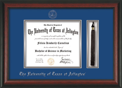 Image of University of Texas - Arlington Diploma Frame - Rosewood - w/Silver Embossed Seal & Name - Tassel Holder - Royal Blue on Silver mat
