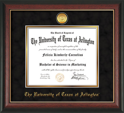 Image of University of Texas - Arlington Diploma Frame - Rosewood w/Gold Lip - w/24k Gold-Plated Medallion UTA Name Embossing - Black Suede on Gold mats