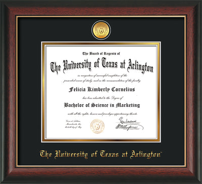 Image of University of Texas - Arlington Diploma Frame - Rosewood w/Gold Lip - w/24k Gold-Plated Medallion UTA Name Embossing - Black on Gold mats