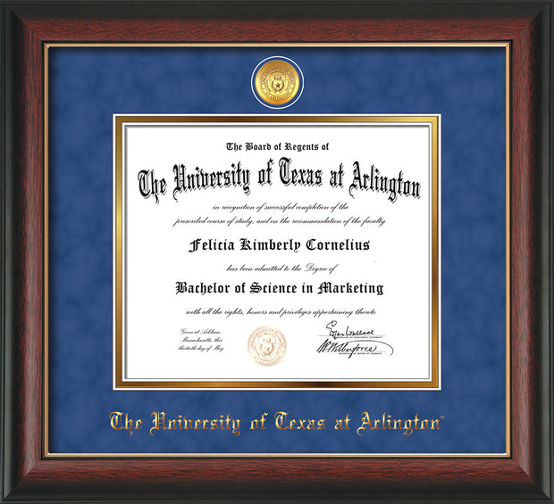 Image of University of Texas - Arlington Diploma Frame - Rosewood w/Gold Lip - w/24k Gold-Plated Medallion UTA Name Embossing - Royal Blue Suede on Gold mats