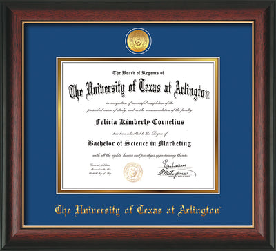 Image of University of Texas - Arlington Diploma Frame - Rosewood w/Gold Lip - w/24k Gold-Plated Medallion UTA Name Embossing - Royal Blue on Gold mats