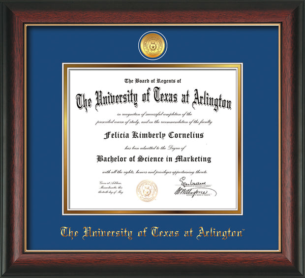 Image of University of Texas - Arlington Diploma Frame - Rosewood w/Gold Lip - w/24k Gold-Plated Medallion UTA Name Embossing - Royal Blue on Gold mats
