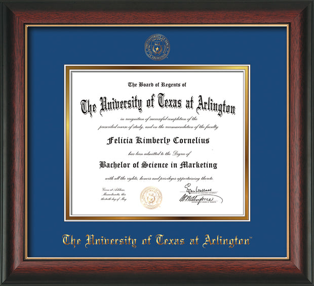 Image of University of Texas - Arlington Diploma Frame - Rosewood w/Gold Lip - w/Embossed Seal & Name - Royal Blue on Gold mat