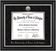 Image of University of Texas - Arlington Diploma Frame - Satin Silver - w/Silver-Plated Medallion UTA Name Embossing - Black Suede on Silver mats