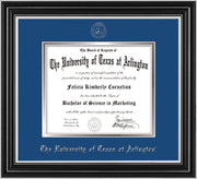Image of University of Texas - Arlington Diploma Frame - Satin Silver - w/Silver Embossed Seal & Name - Royal Blue on Silver mat