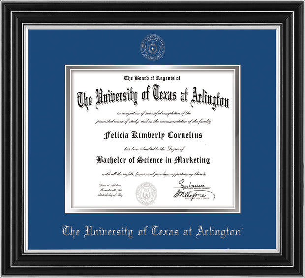 Image of University of Texas - Arlington Diploma Frame - Satin Silver - w/Silver Embossed Seal & Name - Royal Blue on Silver mat