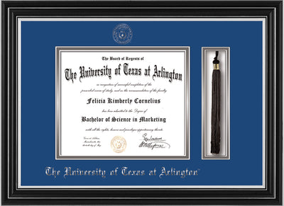 Image of University of Texas - Arlington Diploma Frame - Satin Silver - w/Silver Embossed Seal & Name - Tassel Holder - Royal Blue on Silver mat