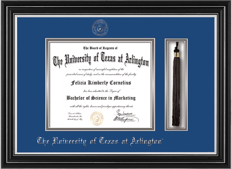 Image of University of Texas - Arlington Diploma Frame - Satin Silver - w/Silver Embossed Seal & Name - Tassel Holder - Royal Blue on Silver mat