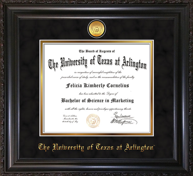 Image of University of Texas - Arlington Diploma Frame - Vintage Black Scoop - w/24k Gold-Plated Medallion UTA Name Embossing - Black Suede on Gold mats