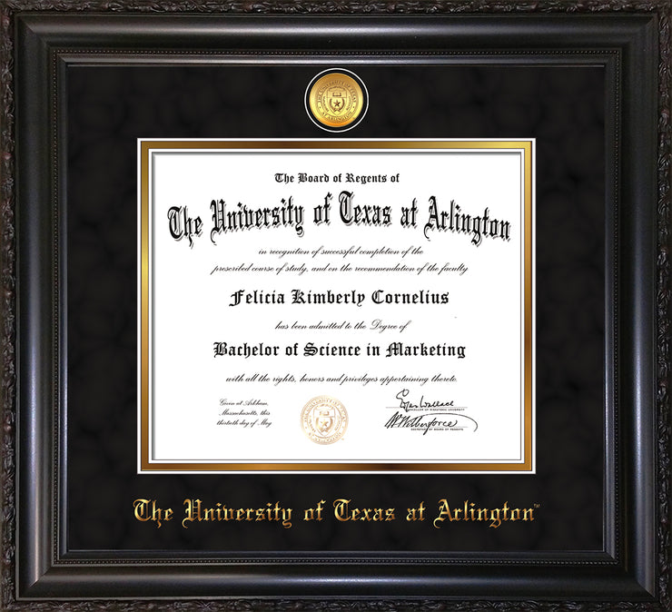 Image of University of Texas - Arlington Diploma Frame - Vintage Black Scoop - w/24k Gold-Plated Medallion UTA Name Embossing - Black Suede on Gold mats