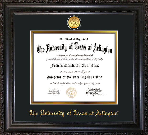 Image of University of Texas - Arlington Diploma Frame - Vintage Black Scoop - w/24k Gold-Plated Medallion UTA Name Embossing - Black on Gold mats