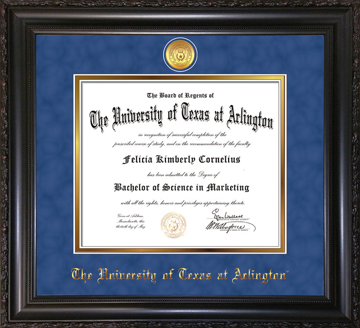 Image of University of Texas - Arlington Diploma Frame - Vintage Black Scoop - w/24k Gold-Plated Medallion UTA Name Embossing - Royal Blue Suede on Gold mats