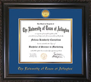 Image of University of Texas - Arlington Diploma Frame - Vintage Black Scoop - w/24k Gold-Plated Medallion UTA Name Embossing - Royal Blue on Gold mats