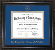 Image of University of Texas - Arlington Diploma Frame - Vintage Black Scoop - w/Embossed Seal & Name - Royal Blue on Gold mat