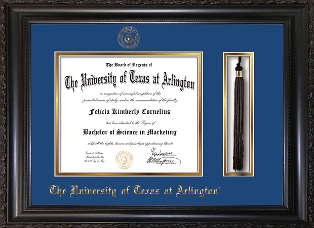 Image of University of Texas - Arlington Diploma Frame - Vintage Black Scoop - w/Embossed Seal & Name - Tassel Holder - Royal Blue on Gold mat