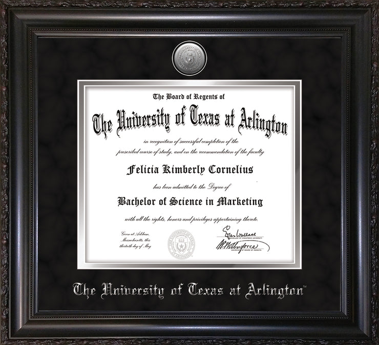 Image of University of Texas - Arlington Diploma Frame - Vintage Black Scoop - w/Silver-Plated Medallion UTA Name Embossing - Black Suede on Silver mats