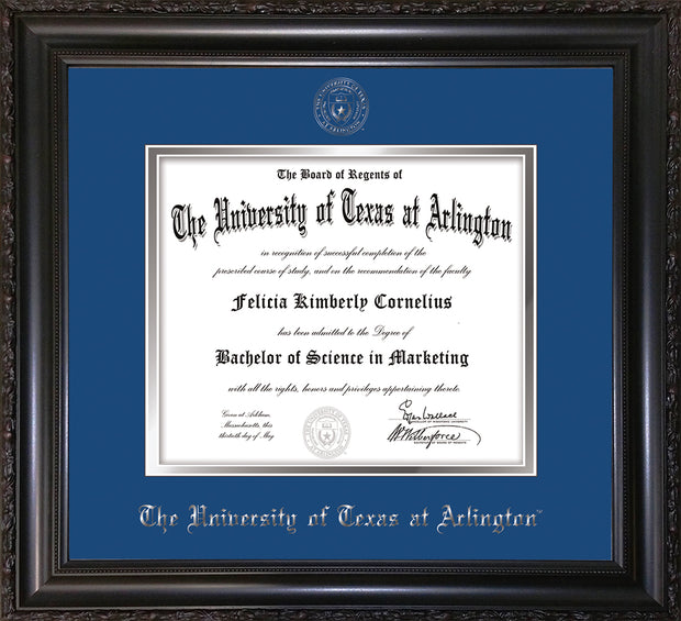 Image of University of Texas - Arlington Diploma Frame - Vintage Black Scoop - w/Silver Embossed Seal & Name - Royal Blue on Silver mat