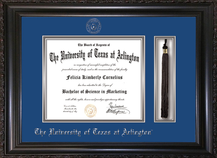 Image of University of Texas - Arlington Diploma Frame - Vintage Black School - w/Silver Embossed Seal & Name - Tassel Holder - Royal Blue on Silver mat