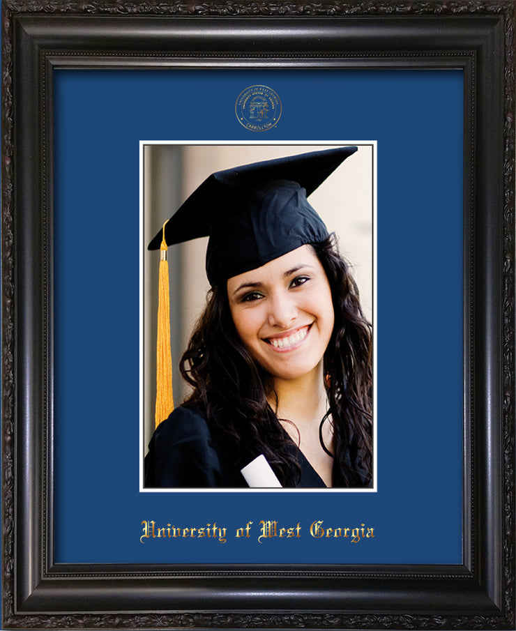 Image of University of West Georgia 5 x 7 Photo Frame - Vintage Black Scoop - w/Official Embossing of UWG Seal & Name - Single Royal Blue mat