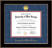 Image of University of West Georgia Diploma Frame - Black Lacquer - w/24k Gold Plated Medallion UWG Name Embossing - Royal Blue Suede on Crimson Mat