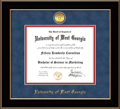 Image of University of West Georgia Diploma Frame - Black Lacquer - w/24k Gold Plated Medallion UWG Name Embossing - Royal Blue Suede on Crimson Mat