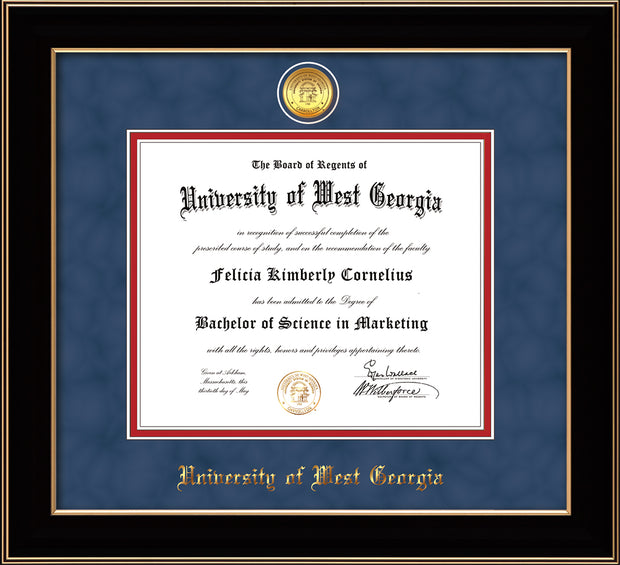 Image of University of West Georgia Diploma Frame - Black Lacquer - w/24k Gold Plated Medallion UWG Name Embossing - Royal Blue Suede on Crimson Mat