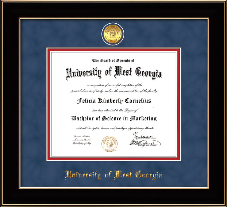 Image of University of West Georgia Diploma Frame - Black Lacquer - w/24k Gold Plated Medallion UWG Name Embossing - Royal Blue Suede on Crimson Mat