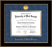 Image of University of West Georgia Diploma Frame - Black Lacquer - w/24k Gold Plated Medallion UWG Name Embossing - Royal Blue Suede on Gold Mat