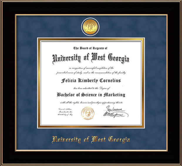 Image of University of West Georgia Diploma Frame - Black Lacquer - w/24k Gold Plated Medallion UWG Name Embossing - Royal Blue Suede on Gold Mat