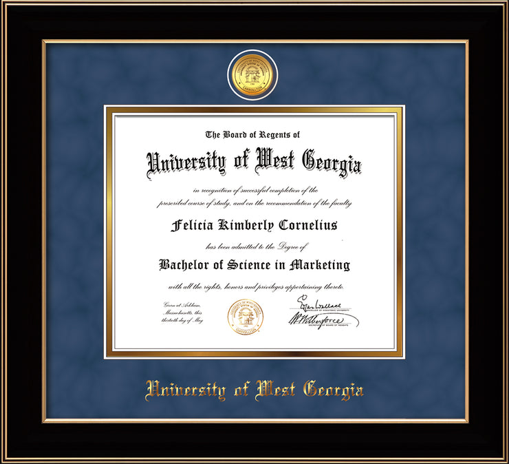 Image of University of West Georgia Diploma Frame - Black Lacquer - w/24k Gold Plated Medallion UWG Name Embossing - Royal Blue Suede on Gold Mat