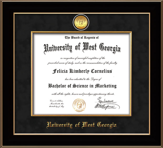 Image of University of West Georgia Diploma Frame - Black Lacquer - w/24k Gold Plated Medallion & Fillet - w/UWG Name Embossing - Black Suede Mat