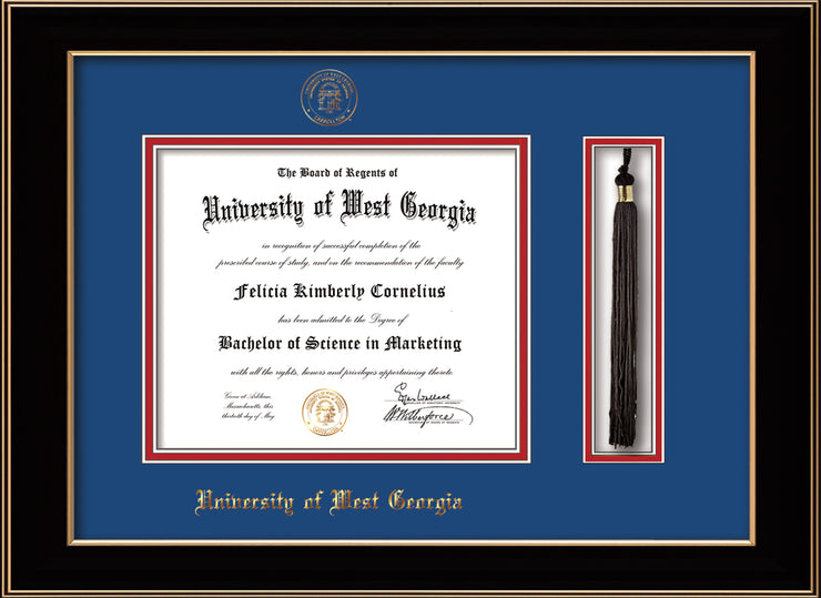 Image of University of West Georgia Diploma Frame - Black Lacquer - w/UWG Embossed Seal & Name - Tassel Holder - Royal Blue on Crimson mat