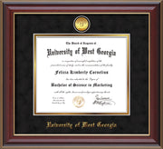 Image of University of West Georgia Diploma Frame - Cherry Lacquer - w/24k Gold Plated Medallion UWG Name Embossing - Black Suede on Gold Mat