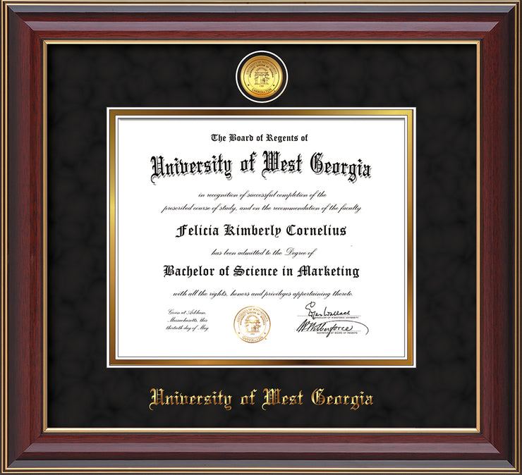 Image of University of West Georgia Diploma Frame - Cherry Lacquer - w/24k Gold Plated Medallion UWG Name Embossing - Black Suede on Gold Mat