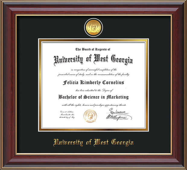 Image of University of West Georgia Diploma Frame - Cherry Lacquer - w/24k Gold Plated Medallion UWG Name Embossing - Black on Gold Mat