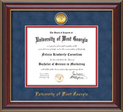 Image of University of West Georgia Diploma Frame - Cherry Lacquer - w/24k Gold Plated Medallion UWG Name Embossing - Royal Blue Suede on Crimson Mat