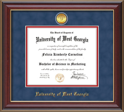 Image of University of West Georgia Diploma Frame - Cherry Lacquer - w/24k Gold Plated Medallion UWG Name Embossing - Royal Blue Suede on Crimson Mat